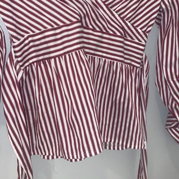 NWT Express Women's Preppy Striped Wrap Blouse Puffed Sleeves Top Red White XS - Picture 3 of 8